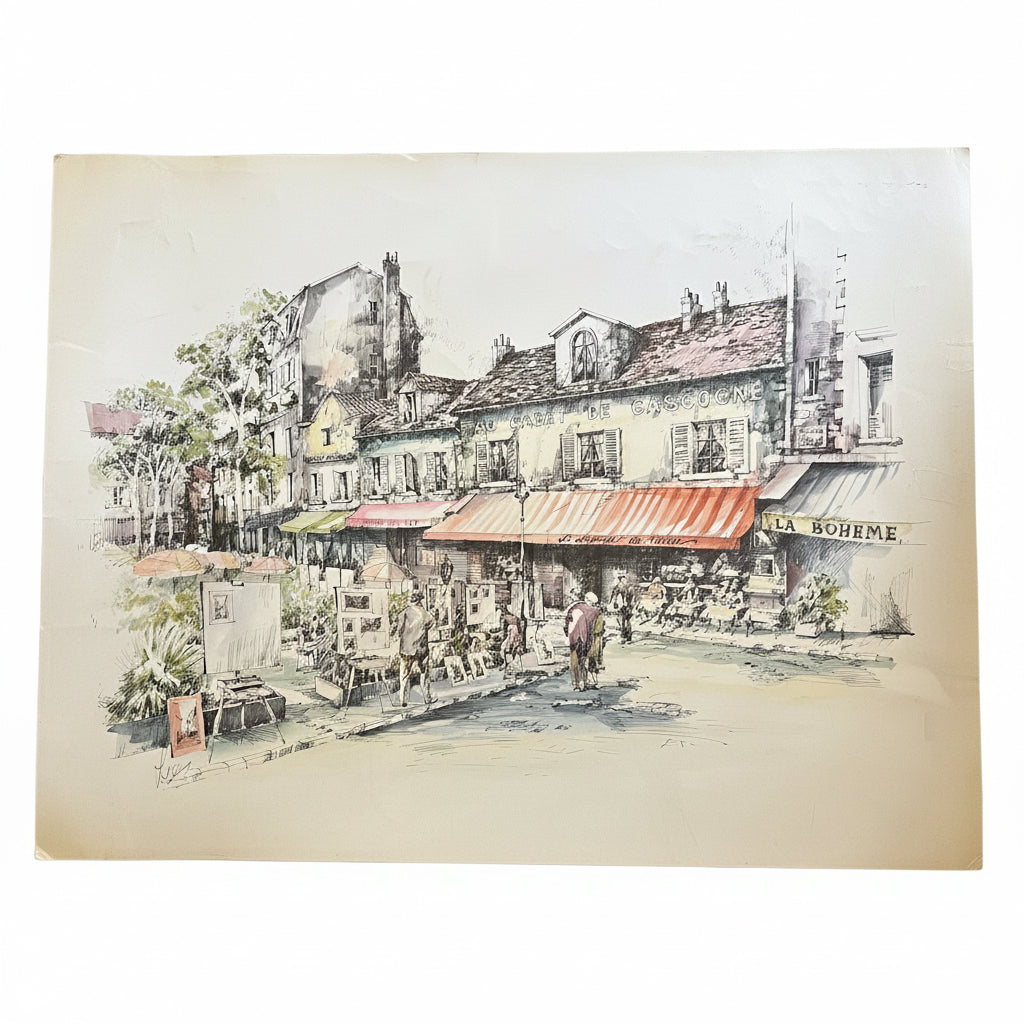 Rysunek – Place du Tertre, Montmartre, Paryż – oryginał, sygnowany, vintage