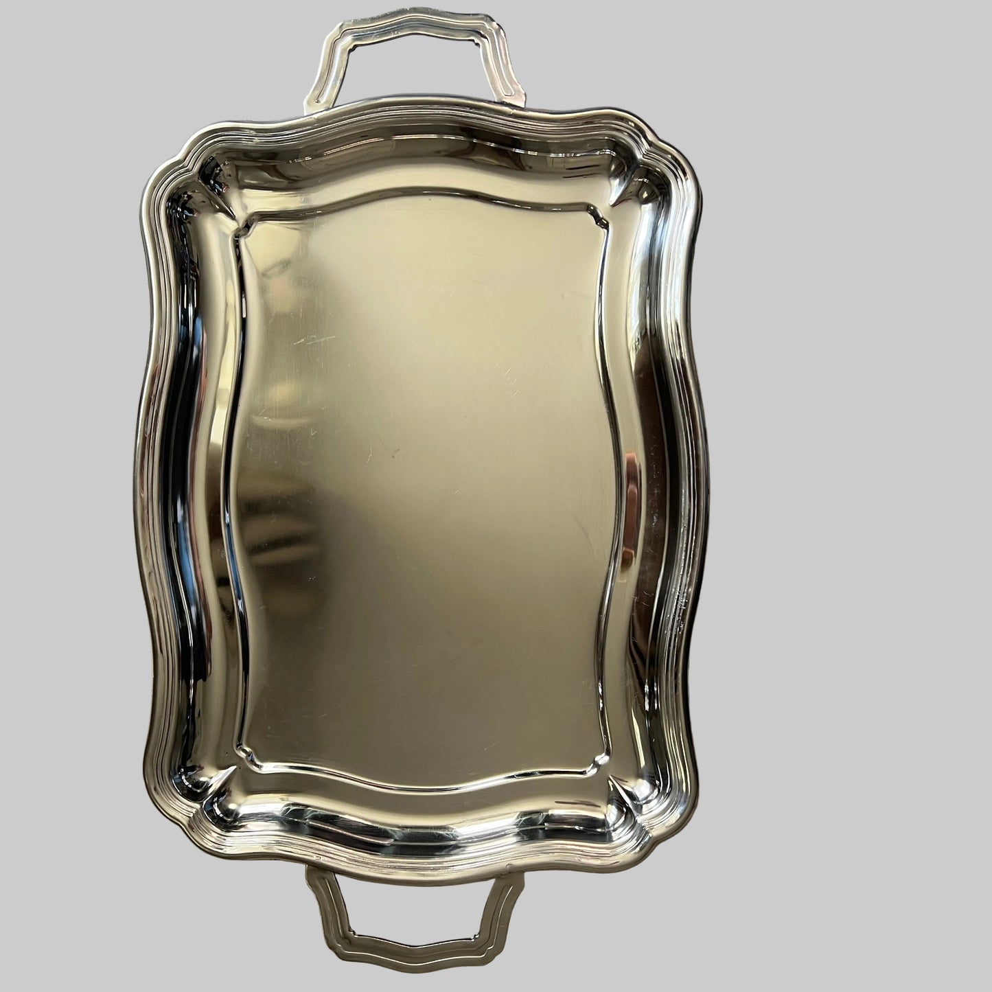 Taca serwisowa vintage — srebrna, metalowa, z uchwytami, 50 x 31 cm