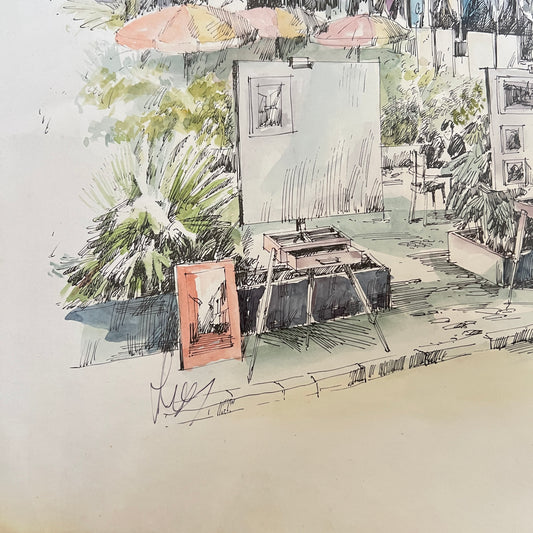 Rysunek – Place du Tertre, Montmartre, Paryż – oryginał, sygnowany, vintage