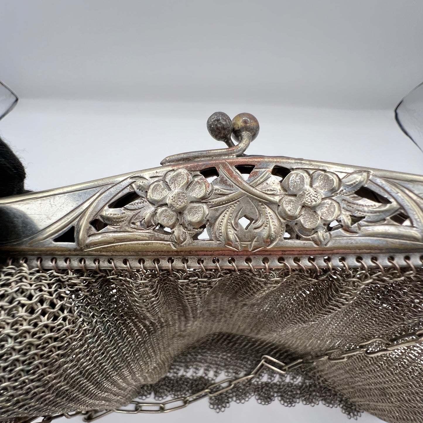 Torebka siatkowa posrebrzana – antyczna, Art Nouveau, przełom XIX/XX w., do renowacji