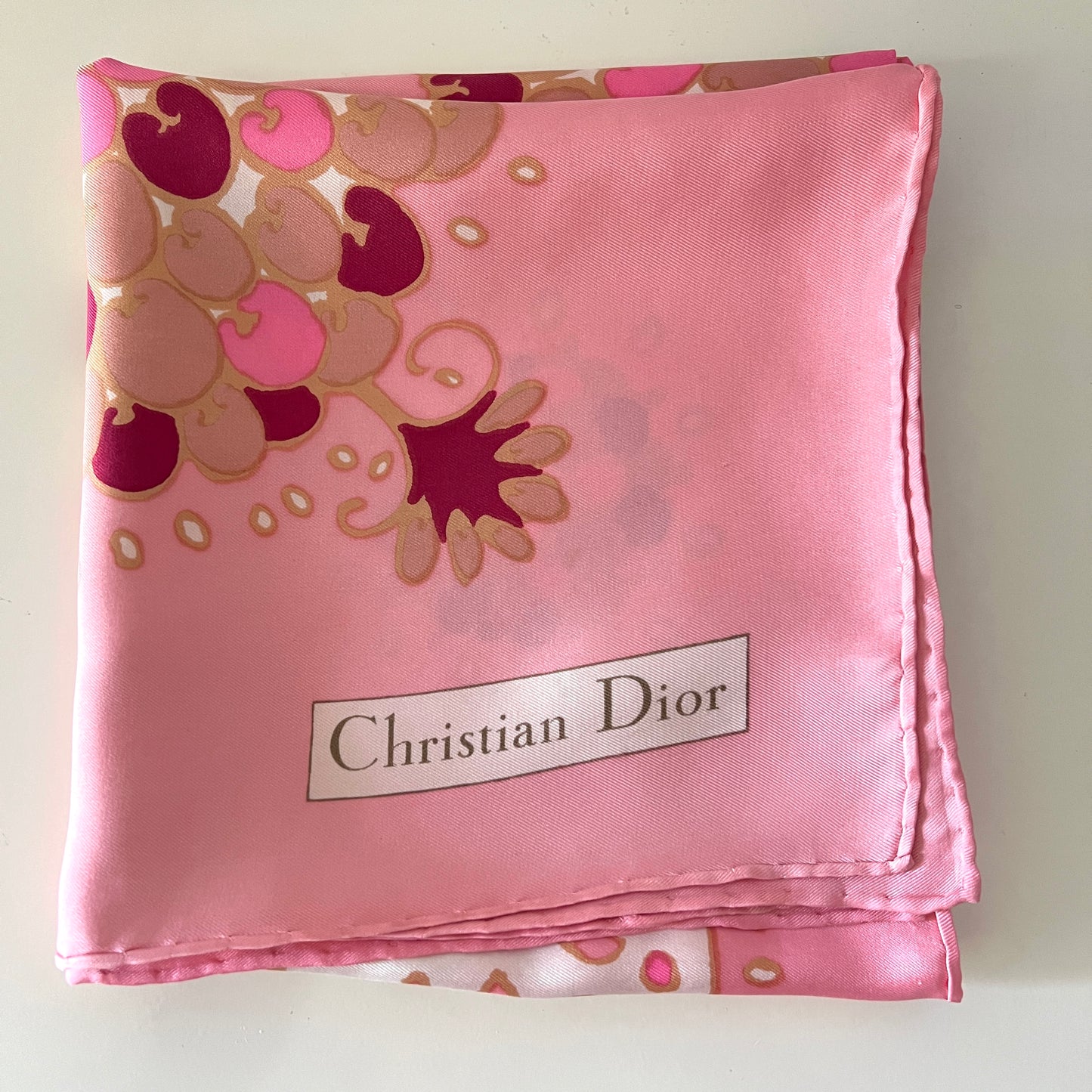 Apaszka Christian Dior – różowo-pudrowa, wzór paisley, 80×80 cm, oryginalne pudełko
