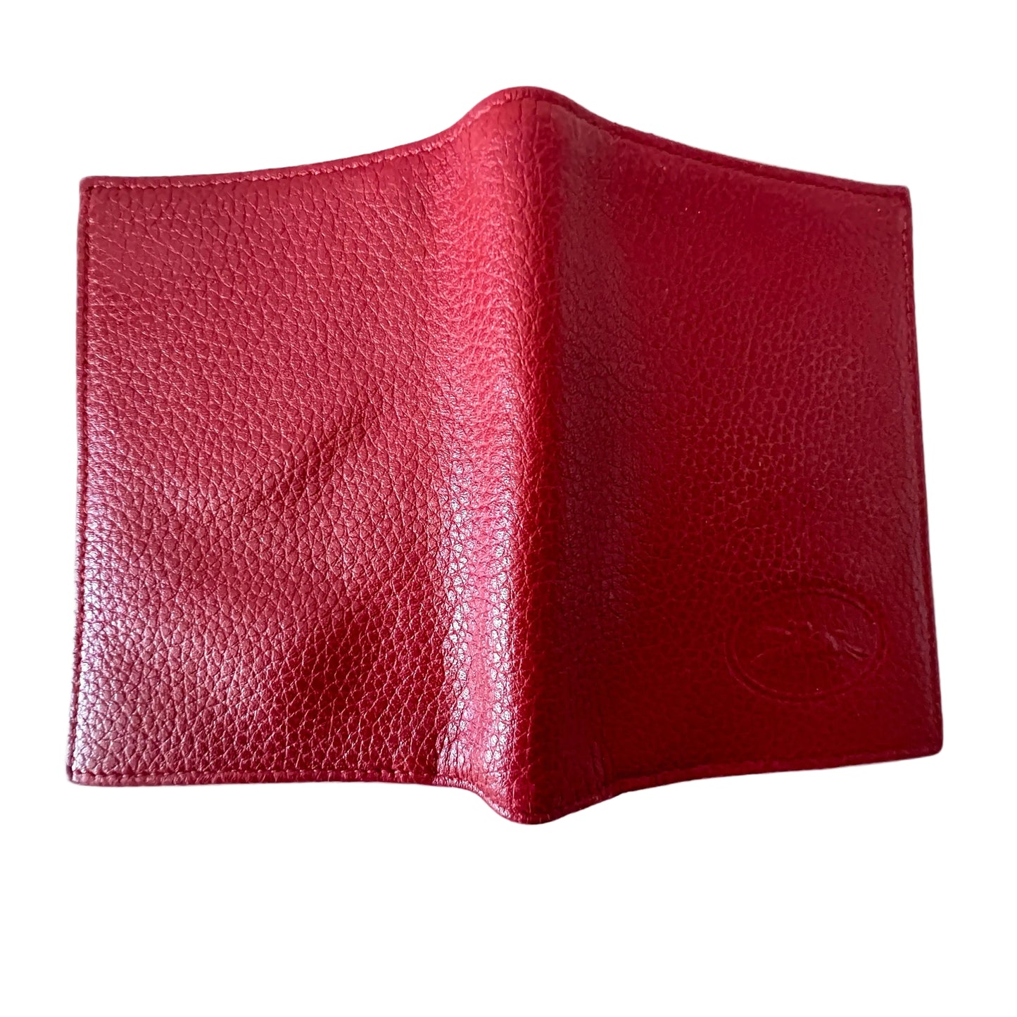 Vintage etui na karty Longchamp – czerwony skórzany portfel z tłoczonym logo