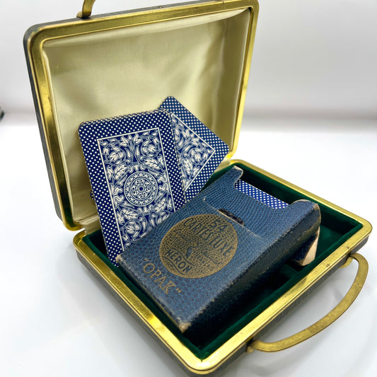 Pudełko na Karty do Gry Vintage Skóra Złoto Francja 14x12 cm Brydż + karty