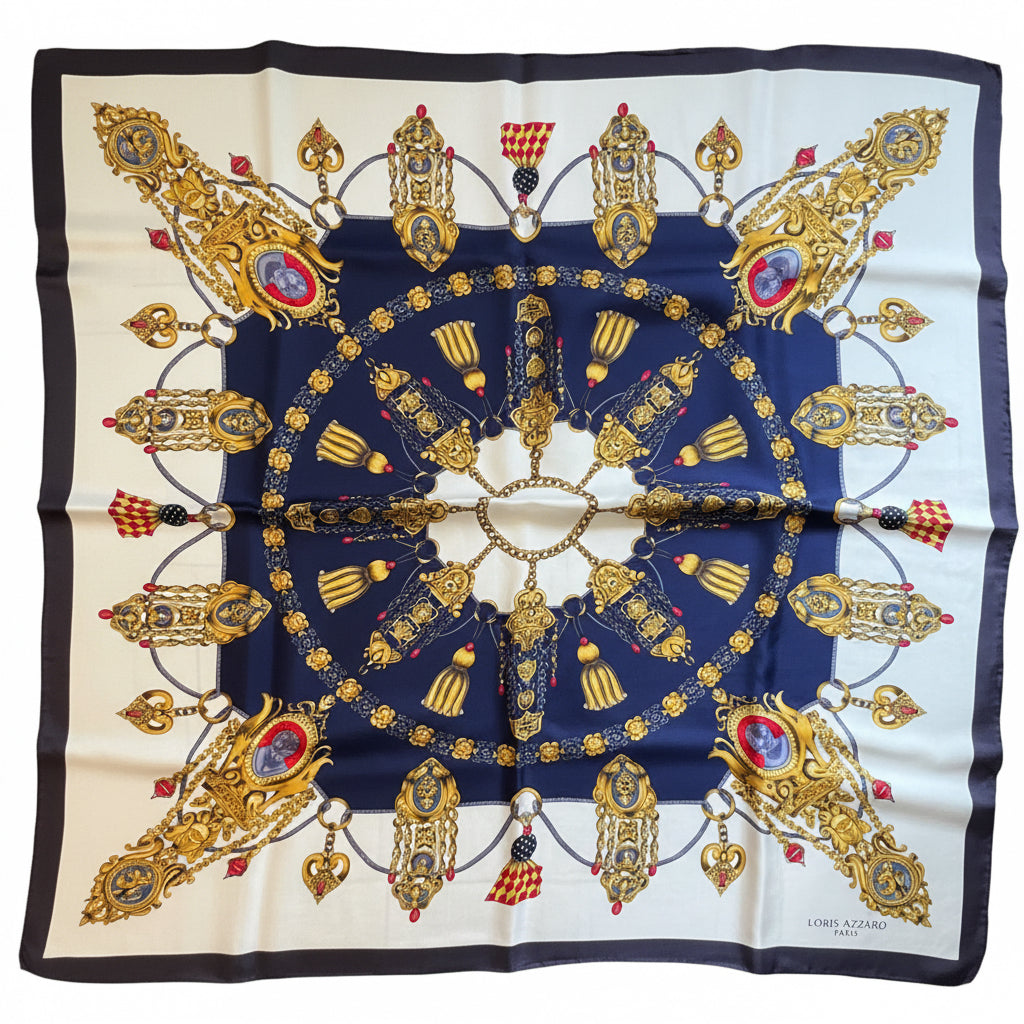 Zestaw apaszka + przypinka Loris Azzaro Paris | Vintage jedwab | Granat Złoto | 88x84 cm
