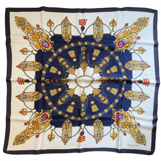 Zestaw apaszka + przypinka Loris Azzaro Paris | Vintage jedwab | Granat Złoto | 88x84 cm