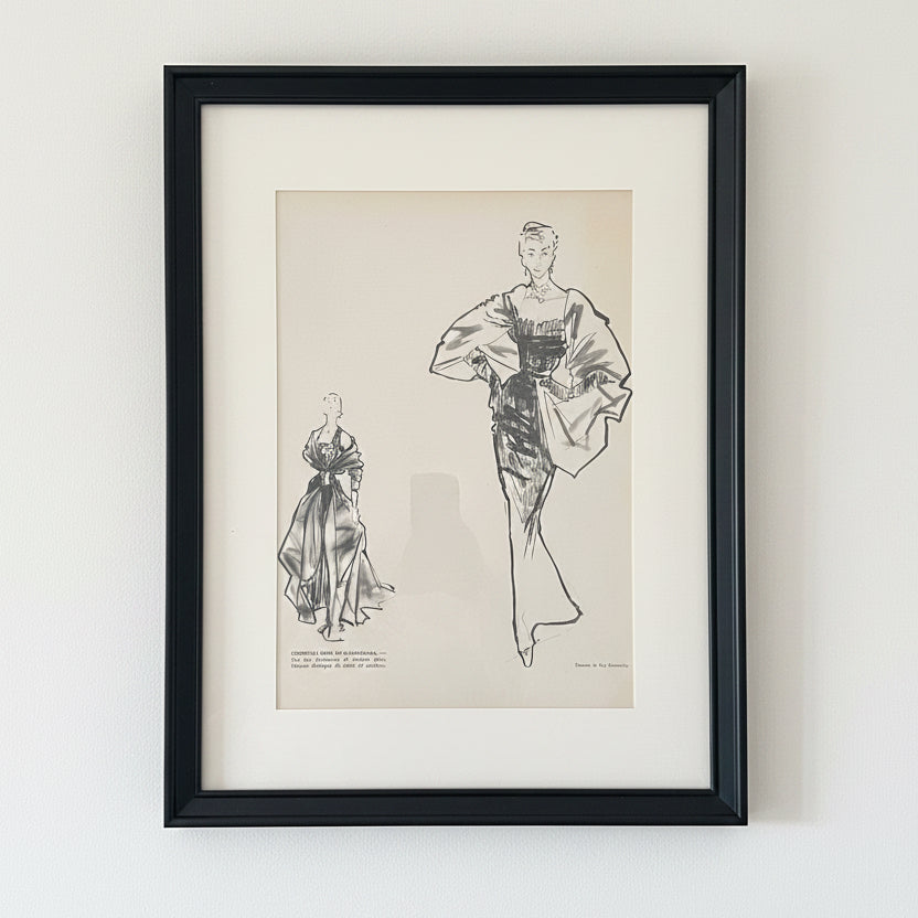 Vintage ilustracja mody — Christian Dior & Balenciaga, Paryż lata 50. | Oprawa 32×42 cm