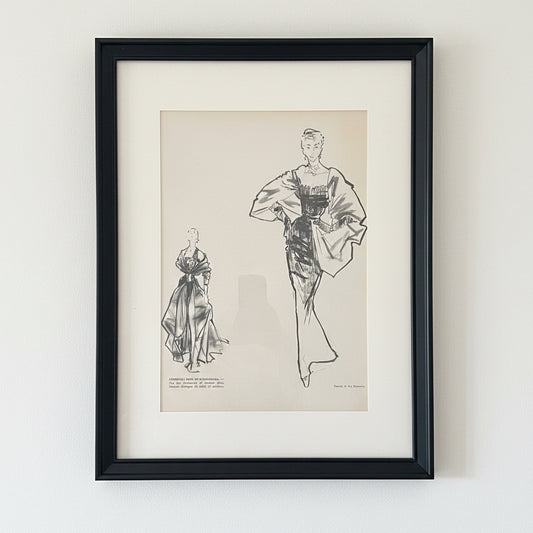 Vintage ilustracja mody — Christian Dior & Balenciaga, Paryż lata 50. | Oprawa 32×42 cm