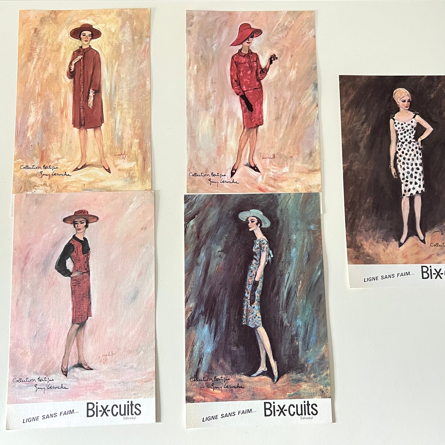 Zestaw 5 vintage obrazków Guy Laroche – francuska reklama lata 60.