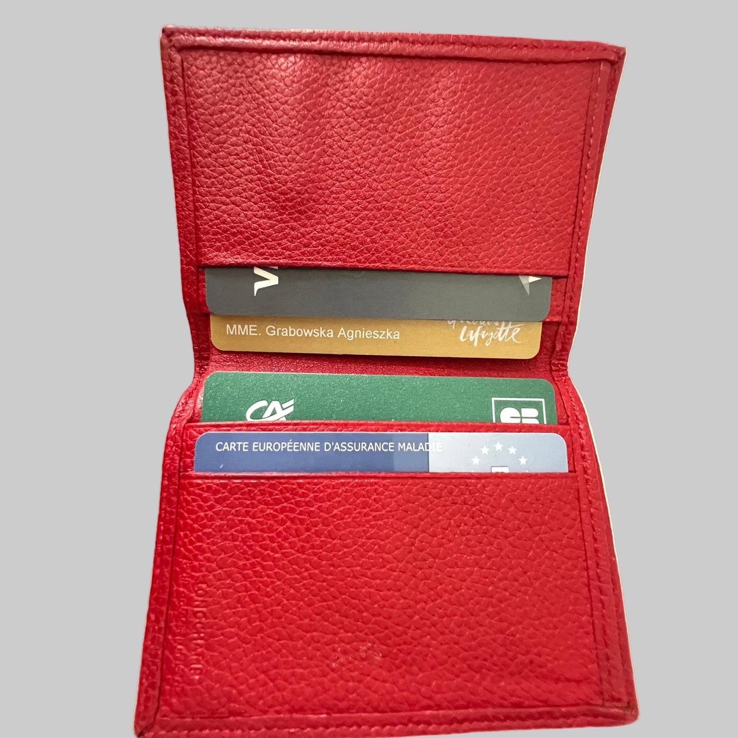 Vintage etui na karty Longchamp – czerwony skórzany portfel z tłoczonym logo