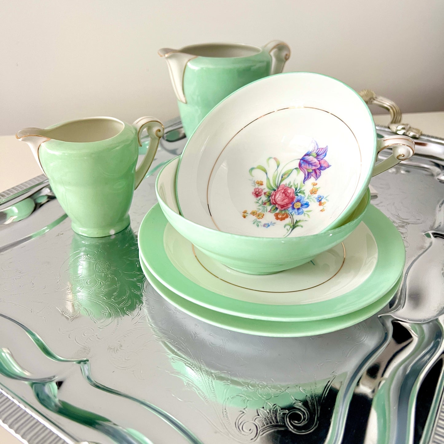 Limoges G. Boyer & Cie – komplet porcelanowy, miętowa zieleń ze złotem