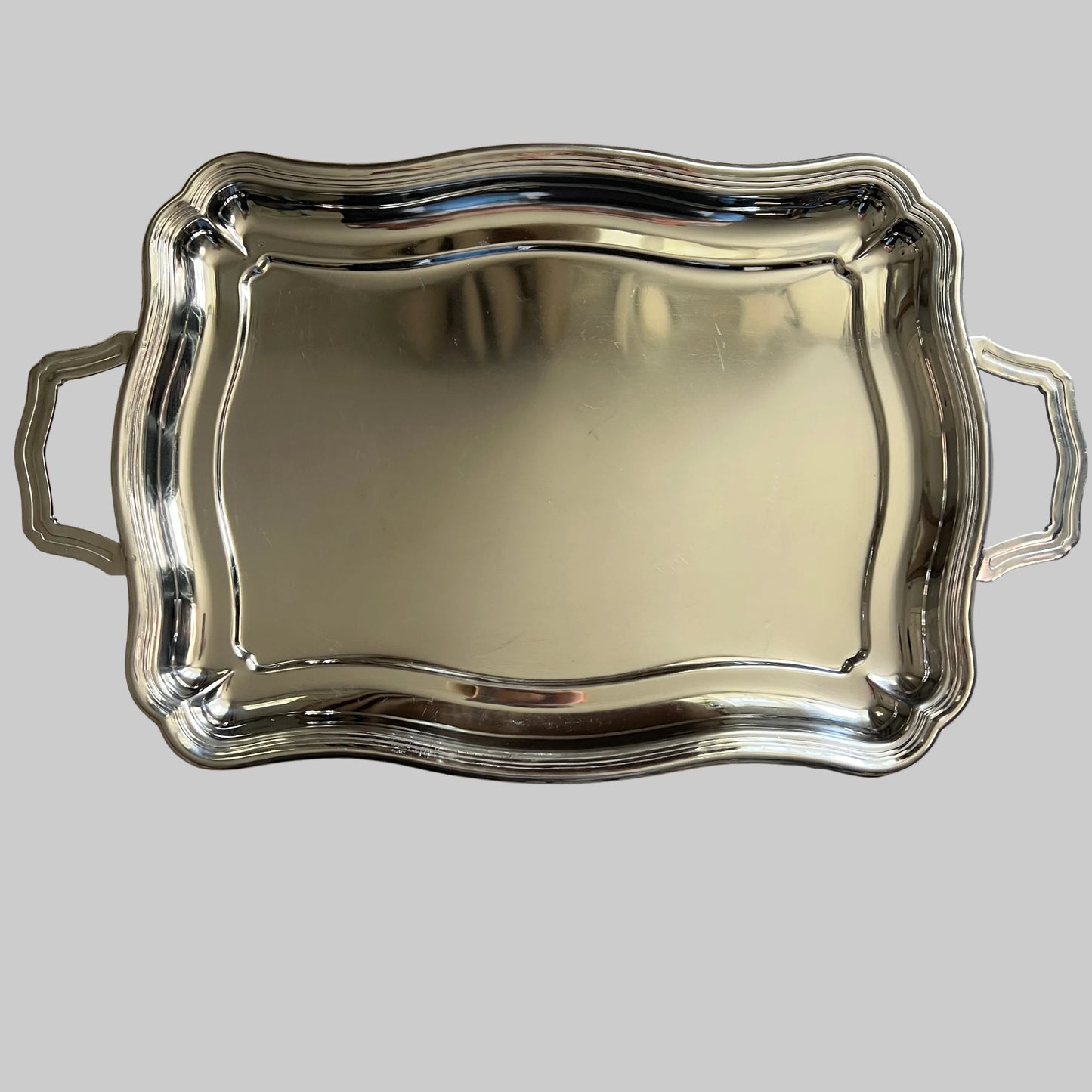 Taca serwisowa vintage — srebrna, metalowa, z uchwytami, 50 x 31 cm