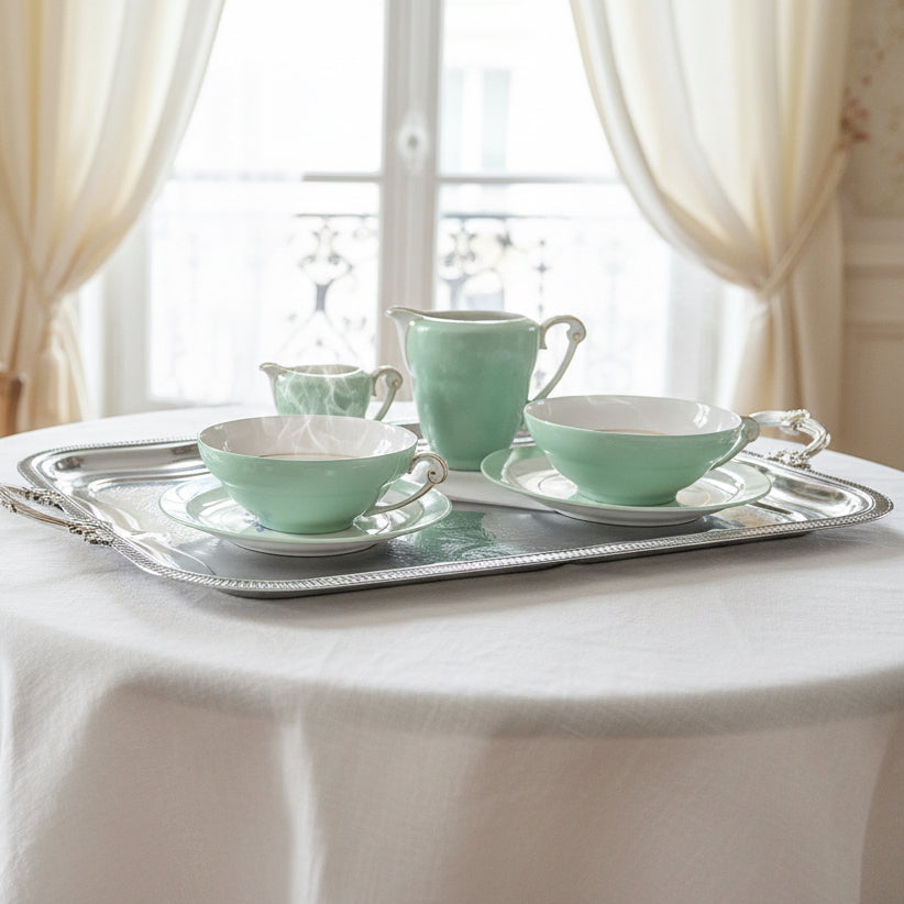 Limoges G. Boyer & Cie – komplet porcelanowy, miętowa zieleń ze złotem