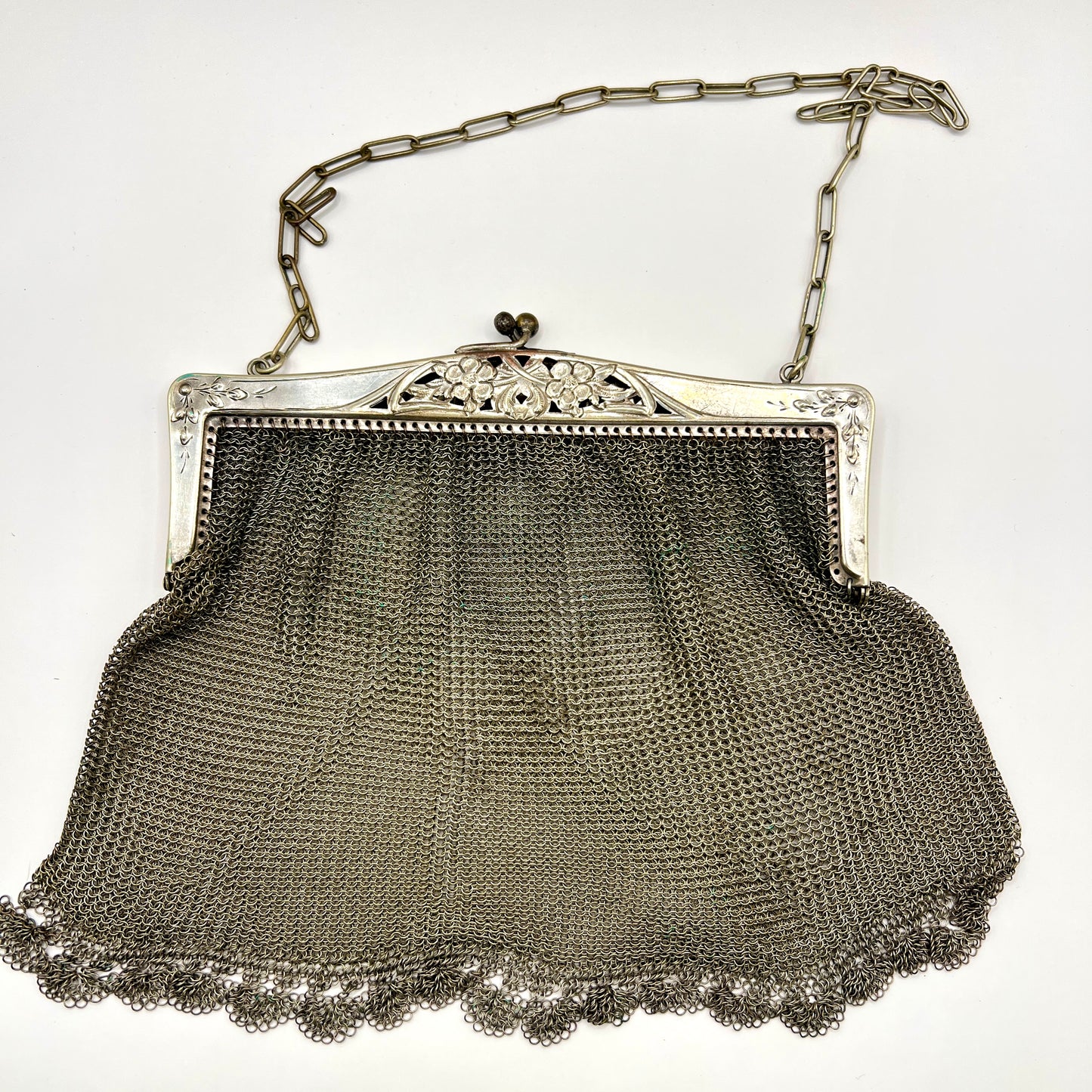 Torebka siatkowa posrebrzana – antyczna, Art Nouveau, przełom XIX/XX w., do renowacji