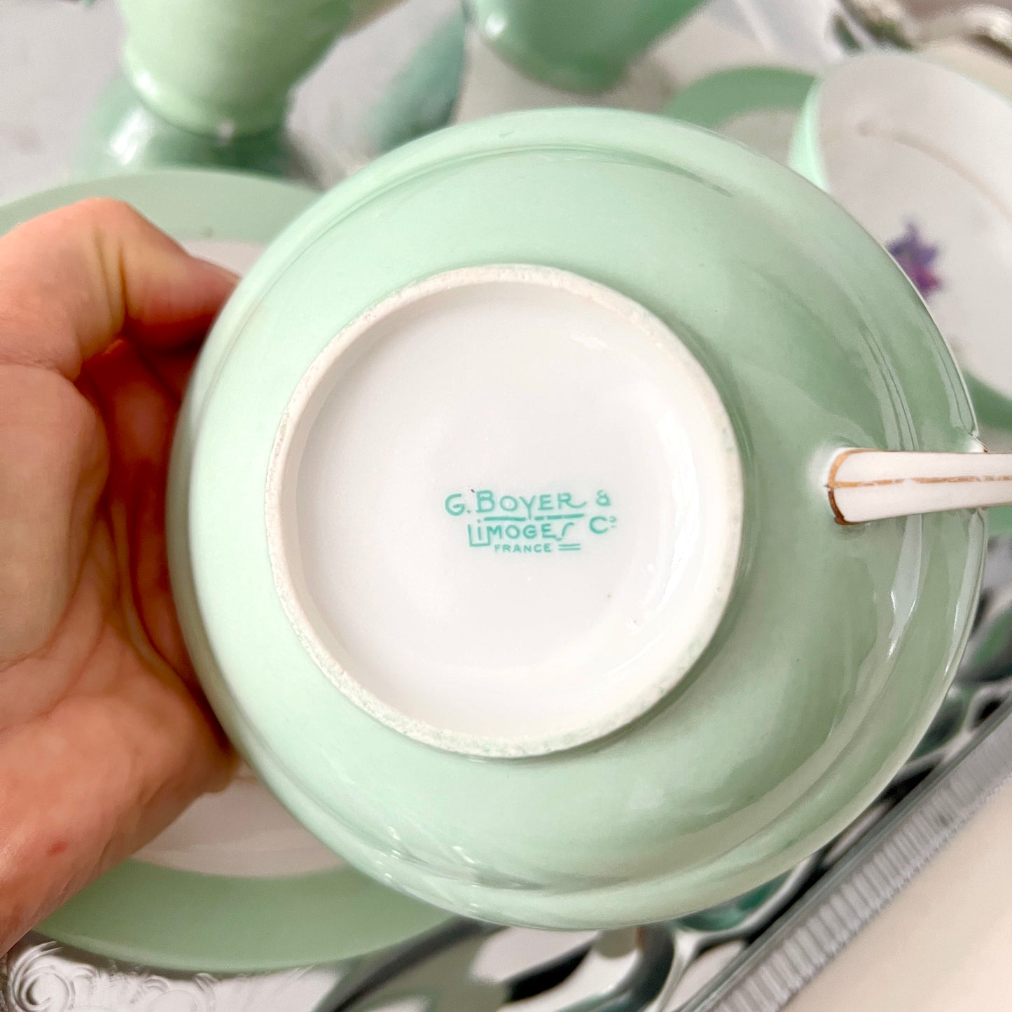 Limoges G. Boyer & Cie – komplet porcelanowy, miętowa zieleń ze złotem