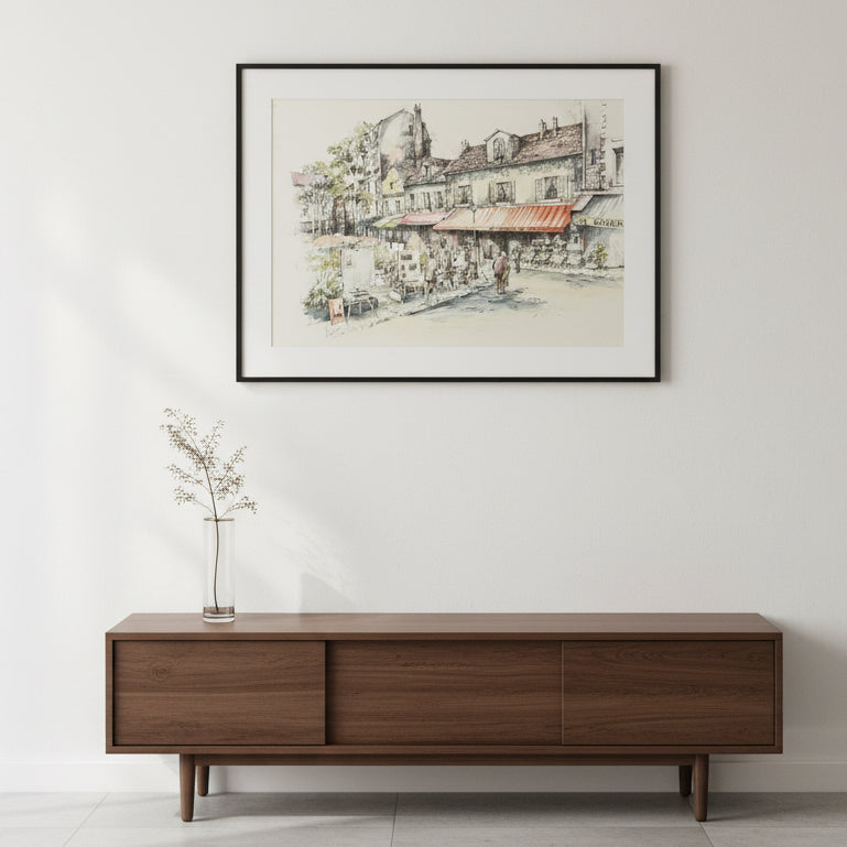 Rysunek – Place du Tertre, Montmartre, Paryż – oryginał, sygnowany, vintage