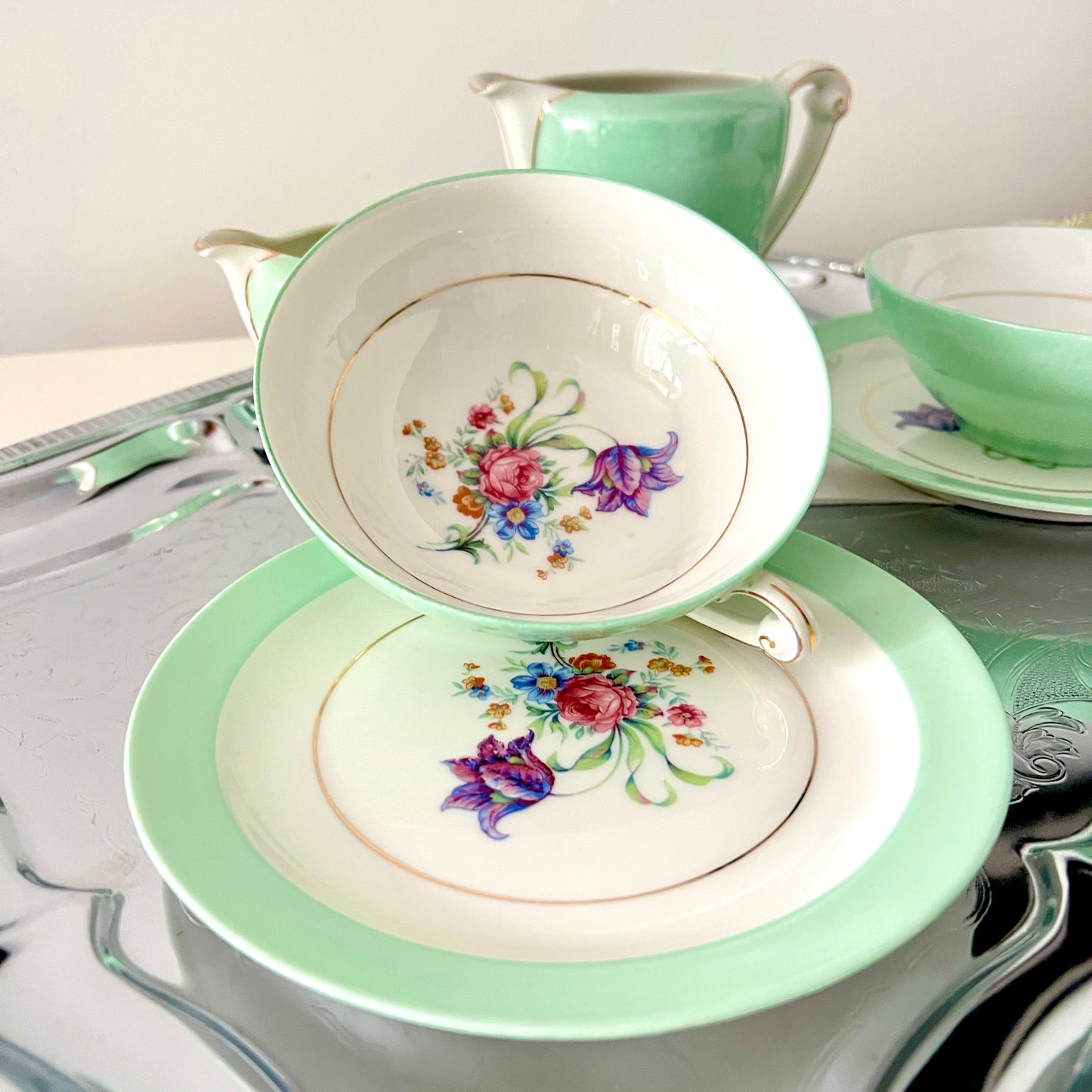 Limoges G. Boyer & Cie – komplet porcelanowy, miętowa zieleń ze złotem