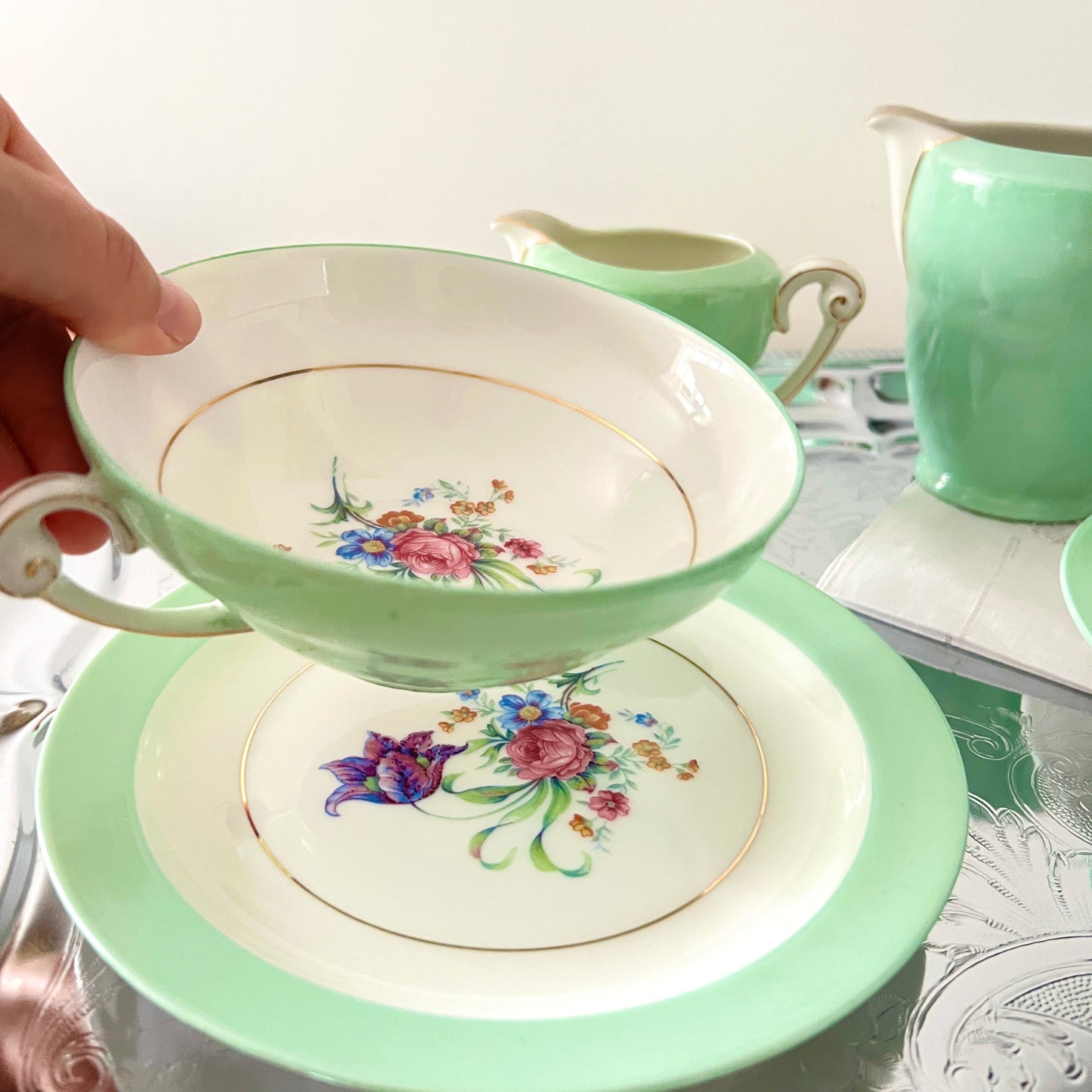 Limoges G. Boyer & Cie – komplet porcelanowy, miętowa zieleń ze złotem