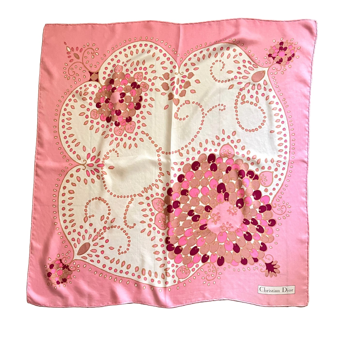 Apaszka Christian Dior – różowo-pudrowa, wzór paisley, 80×80 cm, oryginalne pudełko