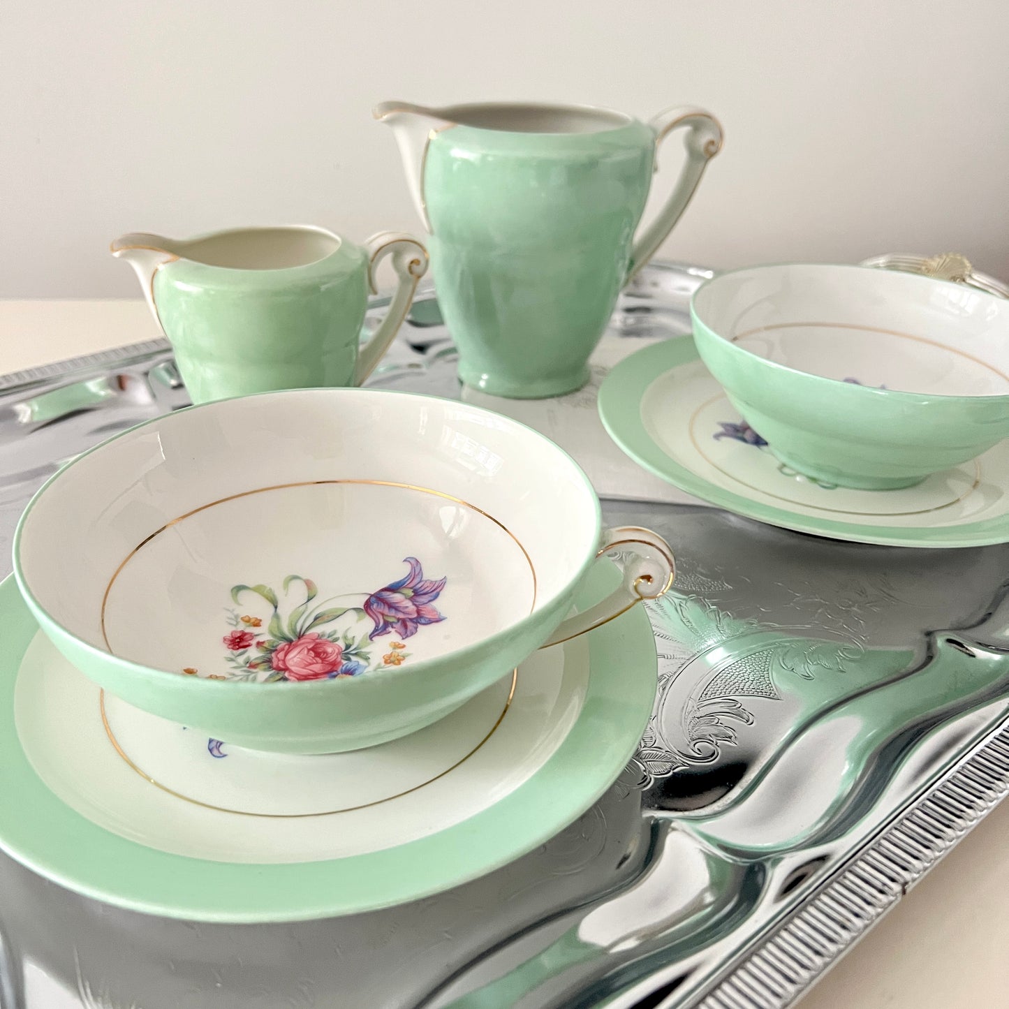 Limoges G. Boyer & Cie – komplet porcelanowy, miętowa zieleń ze złotem