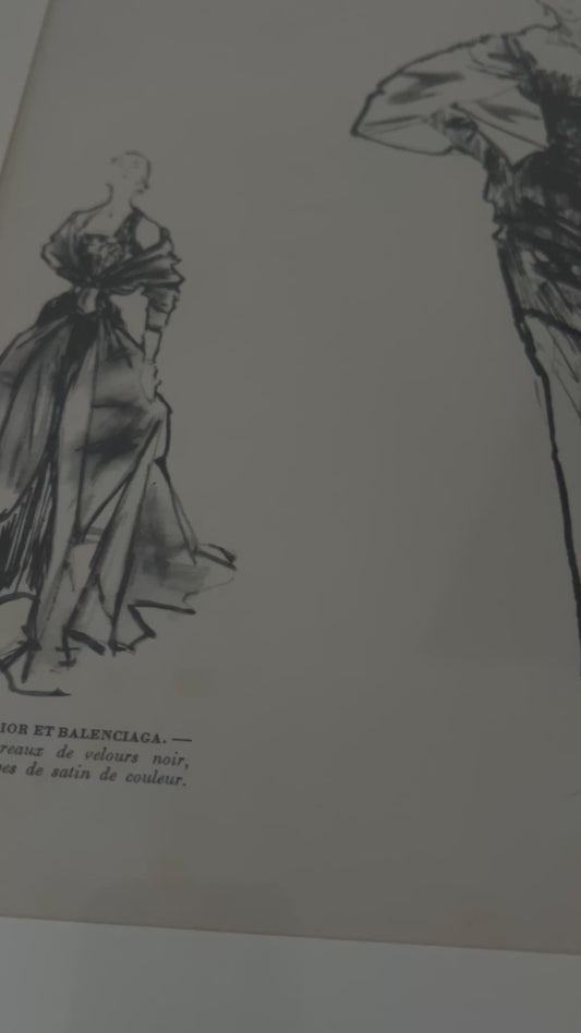 Vintage ilustracja mody — Christian Dior & Balenciaga, Paryż lata 50. | Oprawa 32×42 cm